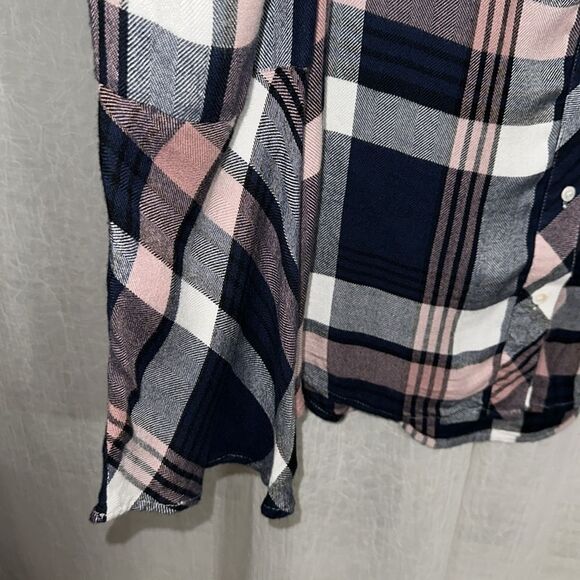 Two by VC L Navy White Blush Pink Plaid Textured Flannel Button Down Shirt - Picture 8 of 12